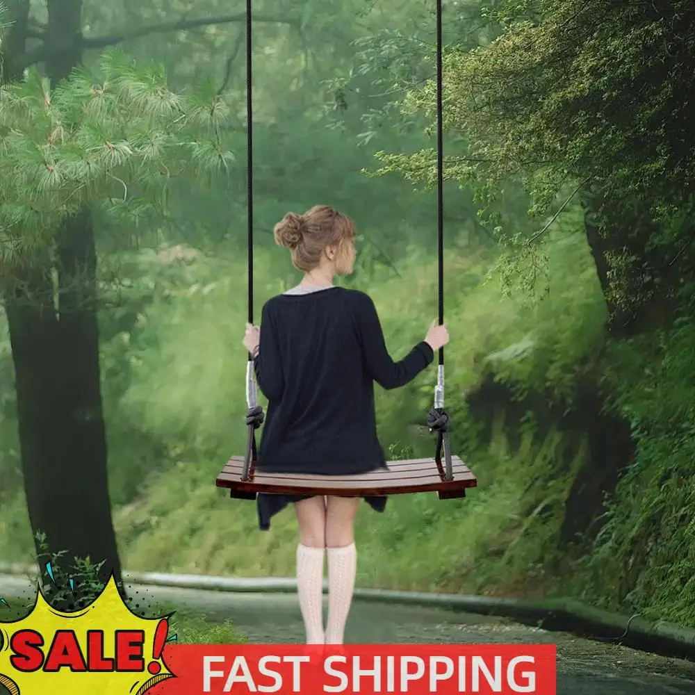 Balanço de madeira maciça, um assento, balanço simples, comprimento de corda ajustável, assento de balanço de madeira, balanço curvo para jardim, pátio, quintal