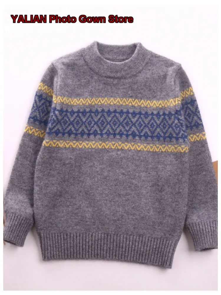 Boys Sweater Kids Autumn Winter Stylish Blue Gray Striped Cashmere Pullover Base Layer Top for Older Kids