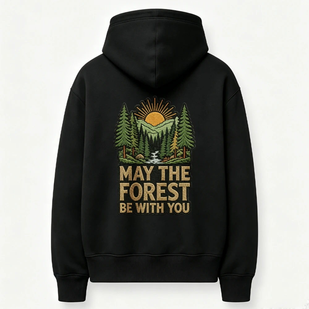 May The Forest Be with You Sunrise Pine Tree Mountain Stream Graphic Hoodie Front Print Sweatshirt Wilderness Hiking Casual Tops
