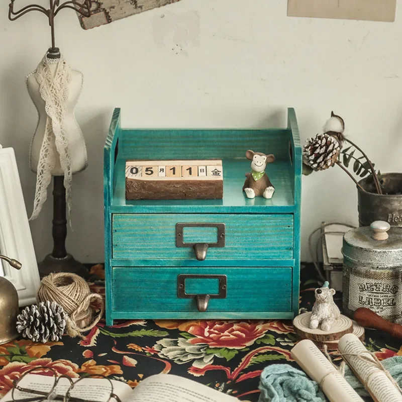 Wood Retro Organizer Box Desktop Vanity Cosmetics and Jewelry Storage System Multifunctional Desk File Drawer Elegant Beauty