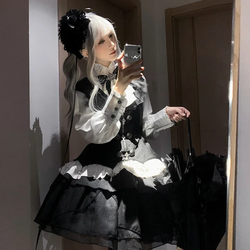 Roupa diária escuro goth lolita colete saia superior conjunto de correspondência primavera e outono 2025 japonês rojita 3 peça terno roupas femininas