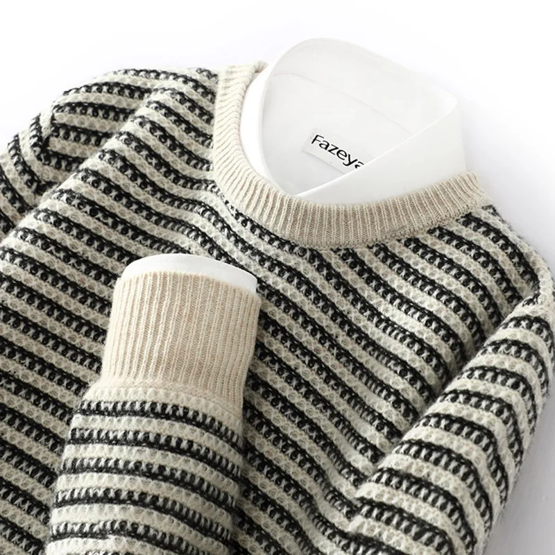 

Осень и зима Новый 100% свитер с круглым вырезом, толстый полосатый пуловер, свитер контрастного повседневного кашемирового вязаного топа среднего возраста.