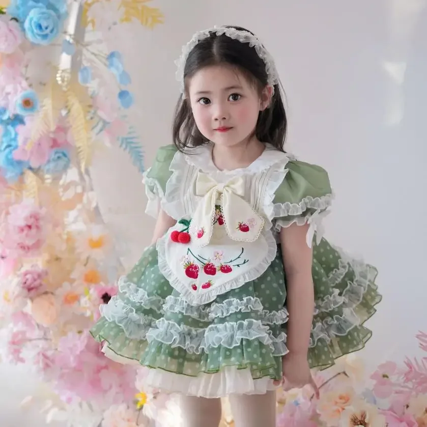 Lolita Girl Summer New Dress Sweet Style Princess Dress Children Short Sleeve Embroidery Mesh Dress Kids Party Vestidos Wz1064