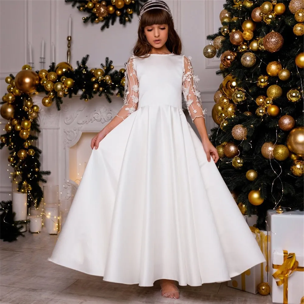 

Elegant Flower Girl Dresses Satin A Line Floor Length Bow Three Quarter Illusion Sleeves Pageant Gown Birthday Communion