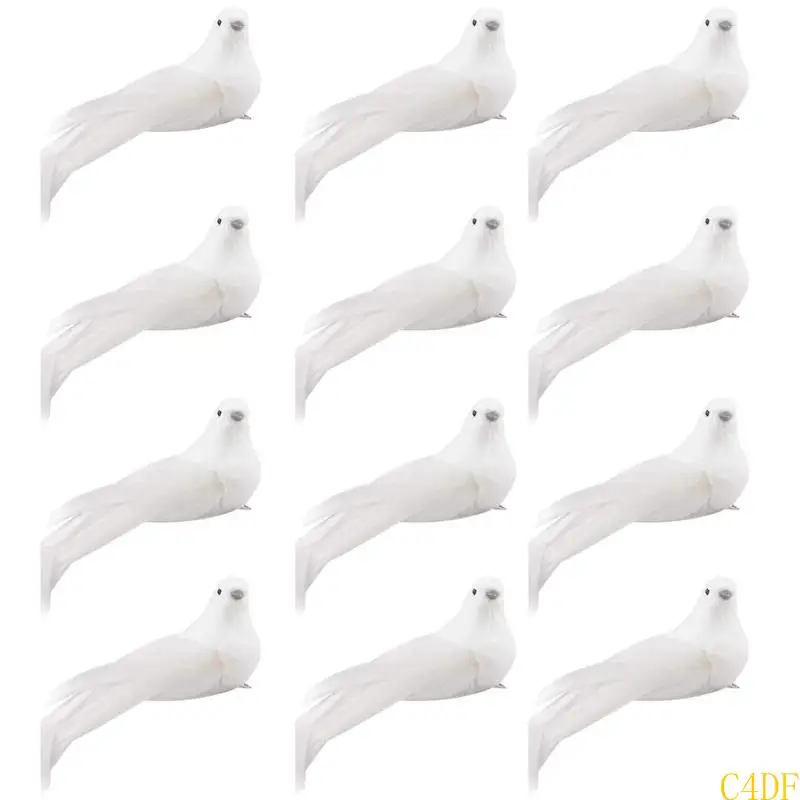 12 Pcs Fake Doves Birds Christmas Tree Ornaments Artificial White Doves with Clip Simulated Foam Feather Long Tail Doves