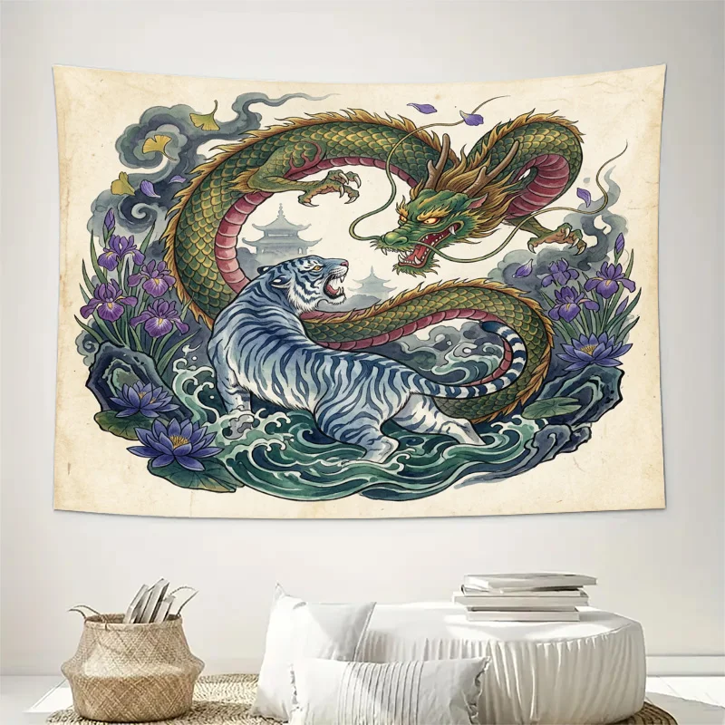 Luxurious Oriental Dragon and Tiger Art Window Curtains Chinese Mythology Tapestry Decorative Asian Print Home Decor Drapes