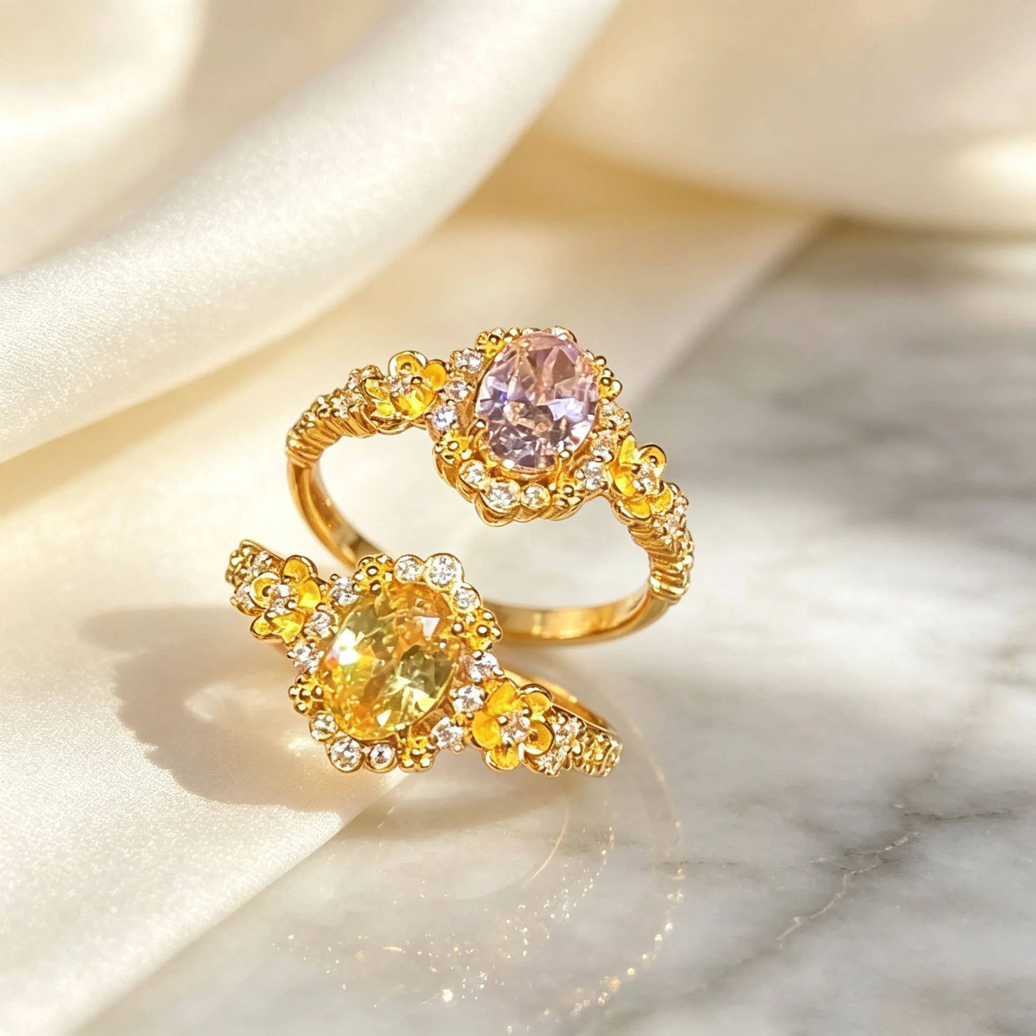 Luxurious 925 sterling silver floral glittering ring with yellow diamonds, pink diamond ring, specially designed for women