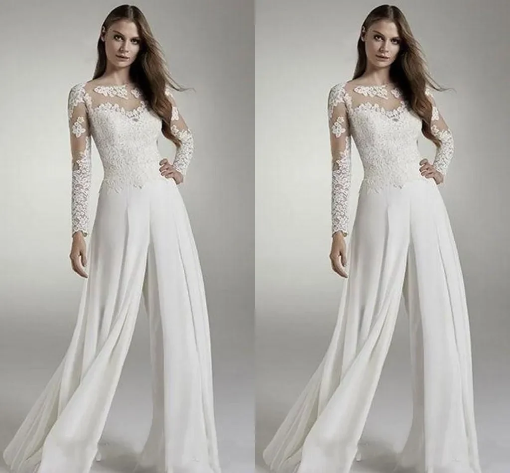 Cheap New Designer Lace Jumpsuits Long Sleeves Jewel Sheer Neck Hollow Back Applique Chiffon Bridal  Wedding Reception Dresses