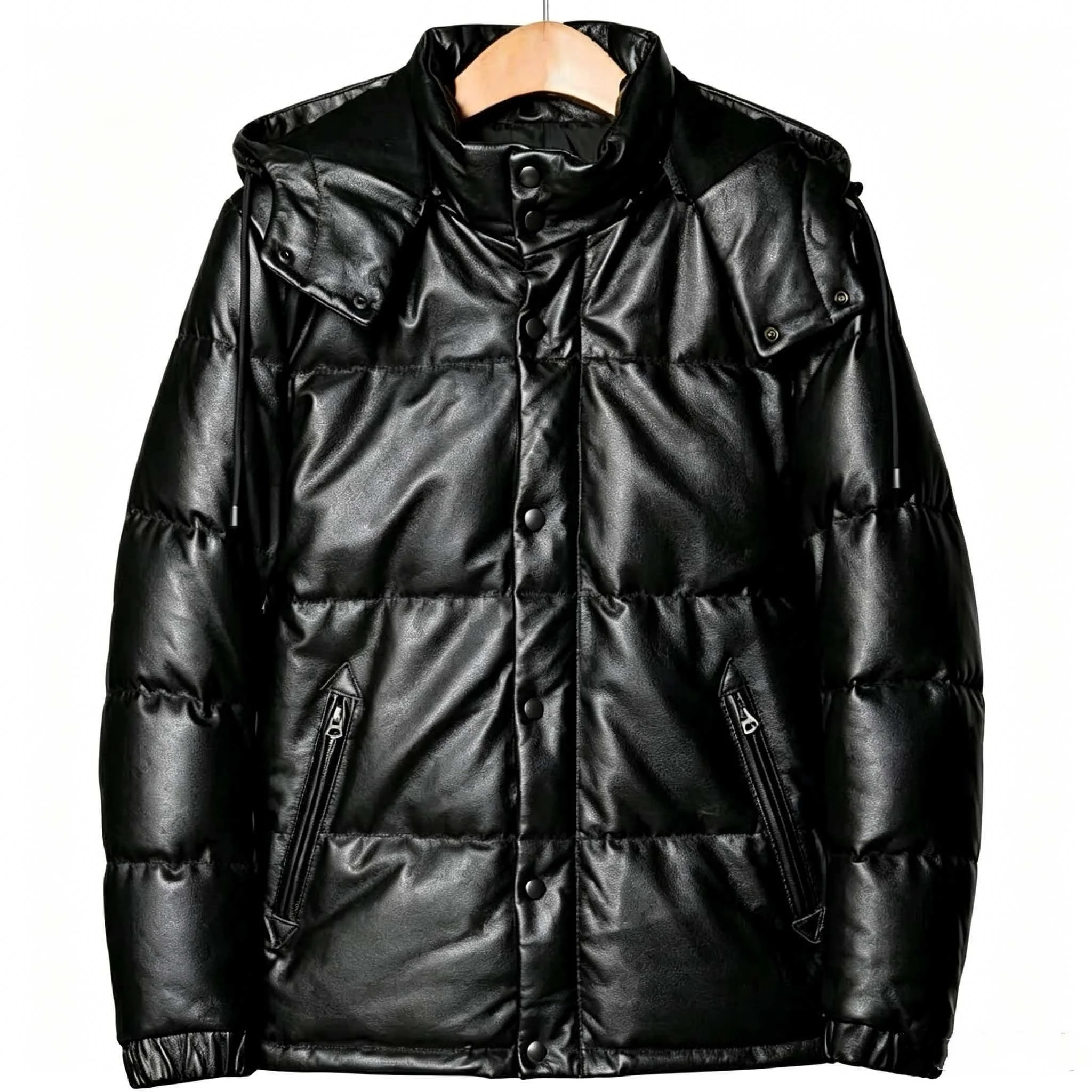 Black Winter Hooded Leather Jacket Men Retro Style Plus Size Genuine Natural Cowhide Turn-Down Collar Thick Warm Down Coat
