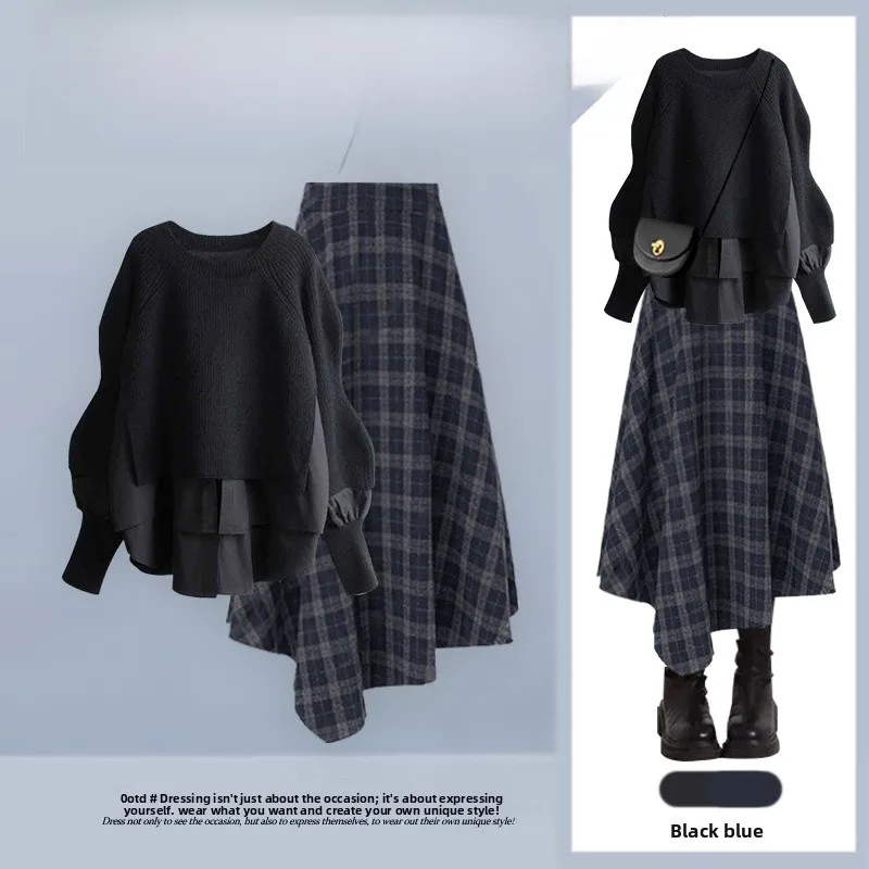 

Autumn Winter Loose Fit Knitted Sweater And Plaid Skirt Two Piece Set Versatile Comfortable Lazy Sle plus Size Women's...