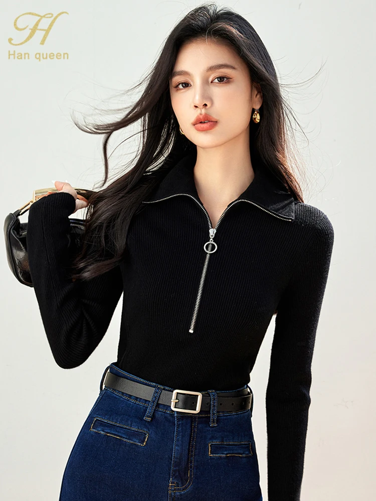 H Han Queen Autumn Stretchy Black Jersey Sweater Long Sleeve Chic Zippers Vintage Casual Tops Pullover Sweaters Women\'s Clothing