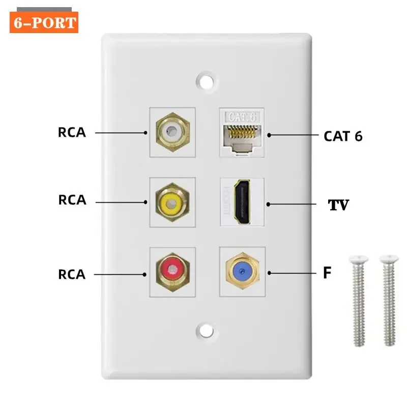 6-Port TV F Head Network Cable Port CAT6 Lotus Audio Video RCA Audio HDMI Compatible Wall Socket Multimedia Panel