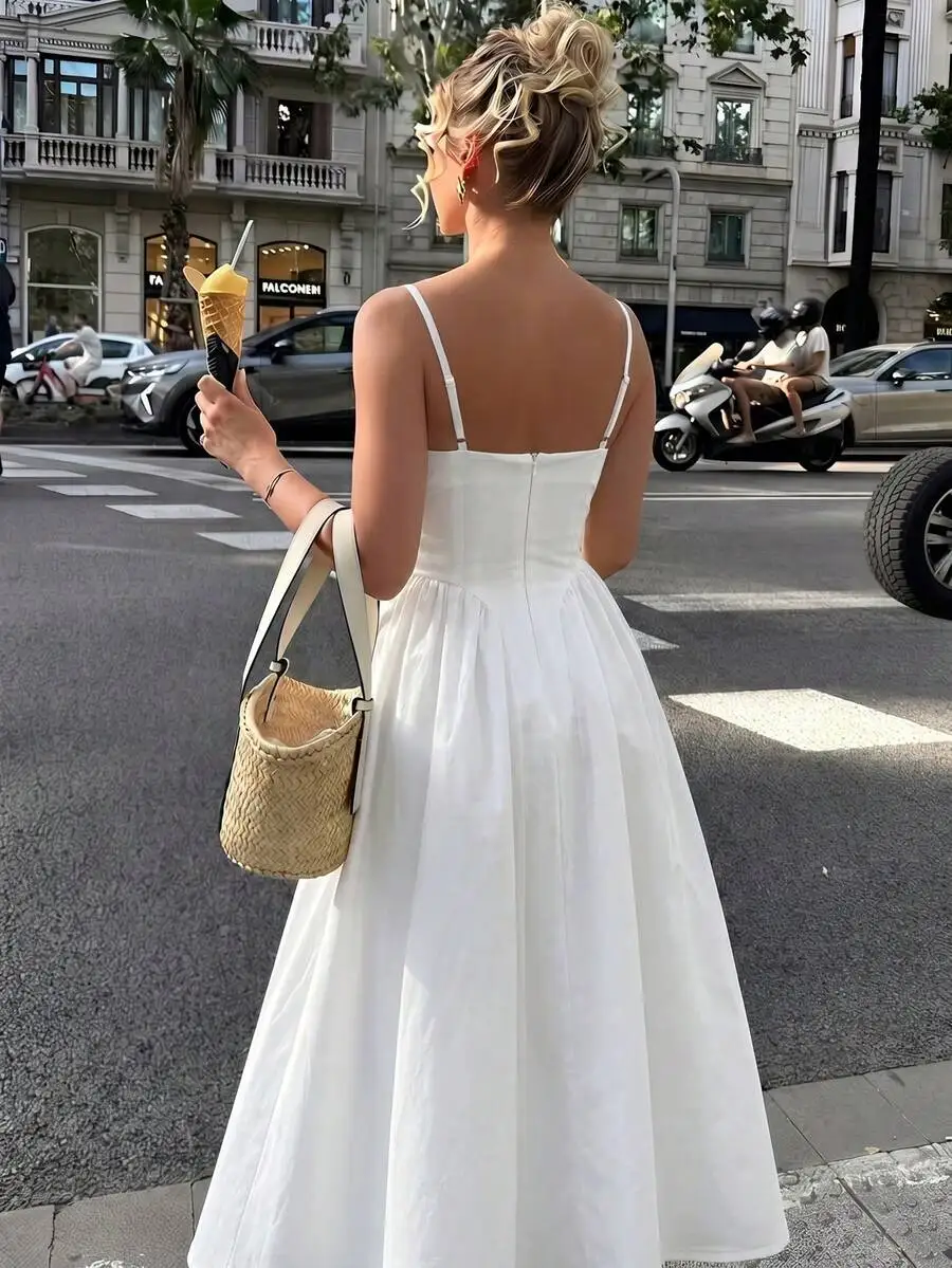 

Vintage French Romantic Square Neck Strap A-Line Midi Dress Casual Retro Elegant