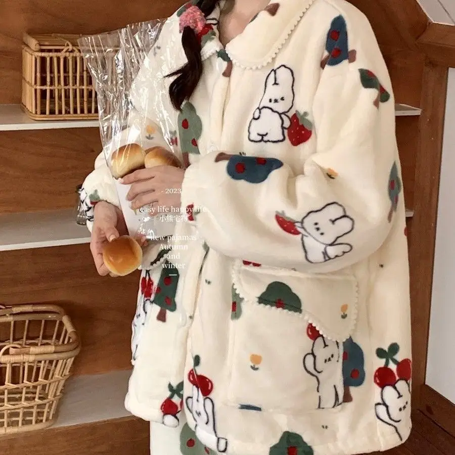 Korean Fashion Kawaii Coral Velvet Pajamas Sets Fall Winter Loose Casual Warm Homewear Cute Christmas Rabbit Sleepwear for Women