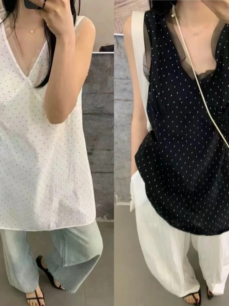 

Винтажный комплект с эффектом похудения в горошек и v-образным вырезом See-Tough Me, топ на бретелях и юбка, женский комплект Faion для поездок на работу, лето 2025 г.