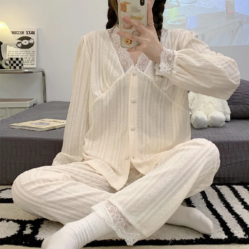 

Women 2 Pieces Pajamas Sets Cotton Pijama Print Female Pyjama Sleepwear Long Sleeve V-Neck Shirt Pants Suit Homewear Loungewear