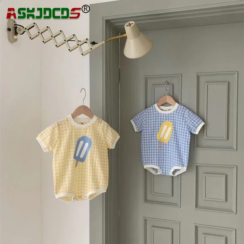 

2024 Bodysuits 유아복 Newborn Baby Girls Boys Short Sleeve Plaid Ice Cream Print Jumpsuits Toddler Cotton Thin Clothing Infant Kids