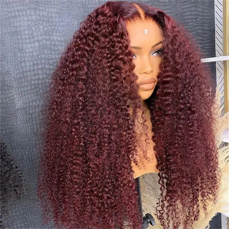 

Soft Burgundy Long 26Inch 180Density 99J Kinky Curly Lace Front Wig For Black Women Baby Hair Preplucked Daily Glueless Wig