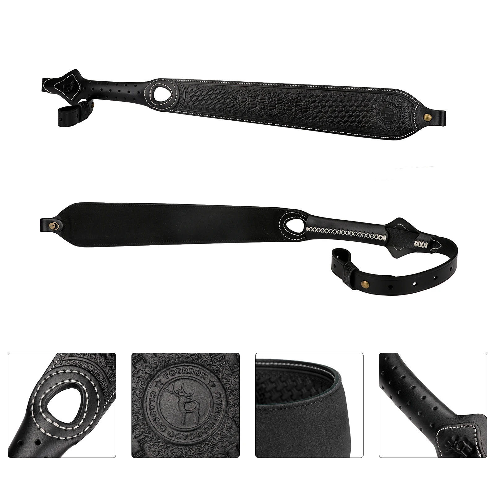 Tourbon Vintage Leather Rifle Sling Non-Slip Gun Shoulder Strap W/ Finger Rest Length Adjustable 92cm Black Hunting Accessories