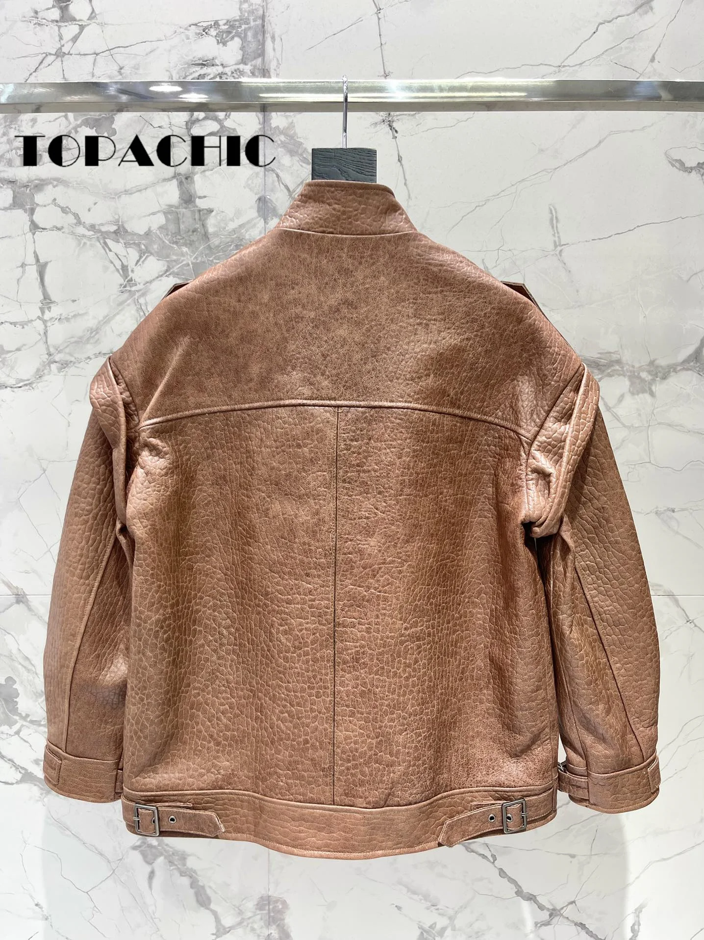 8.6 TOPACHIC Women Street Fashion Vintage Real Leather Jacket Men Women Same Epaulet Big Pocket Design Sheepskin Loose Coat