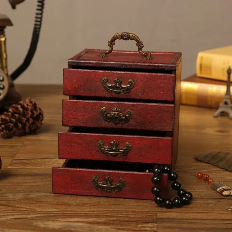 

Antique Do Old Jewelry Box Large Capacity with Four Layers Retro Wooden Mask Case with Mirror Multilayer Storage Drawer