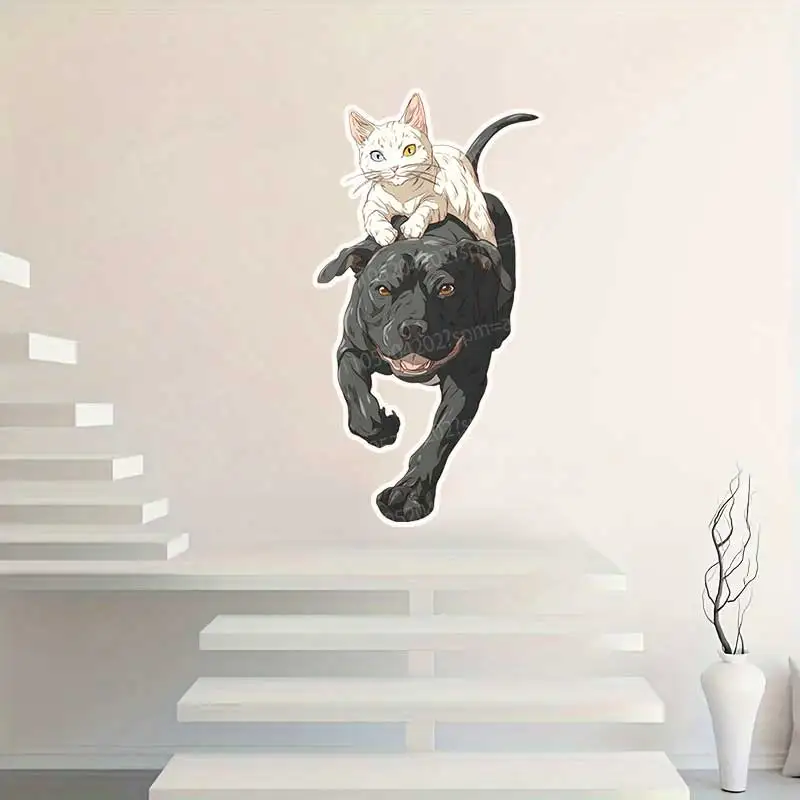 Cat Riding a Pitbull Wall Sticker Multi-Surface Decor for Bathroom Toilet Living Room Cabinet Fridge Home Car AA92