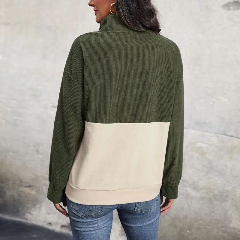 2024 Otoño e Invierno moda nueva ropa casual de mujer solapa pana color contrastante camiseta