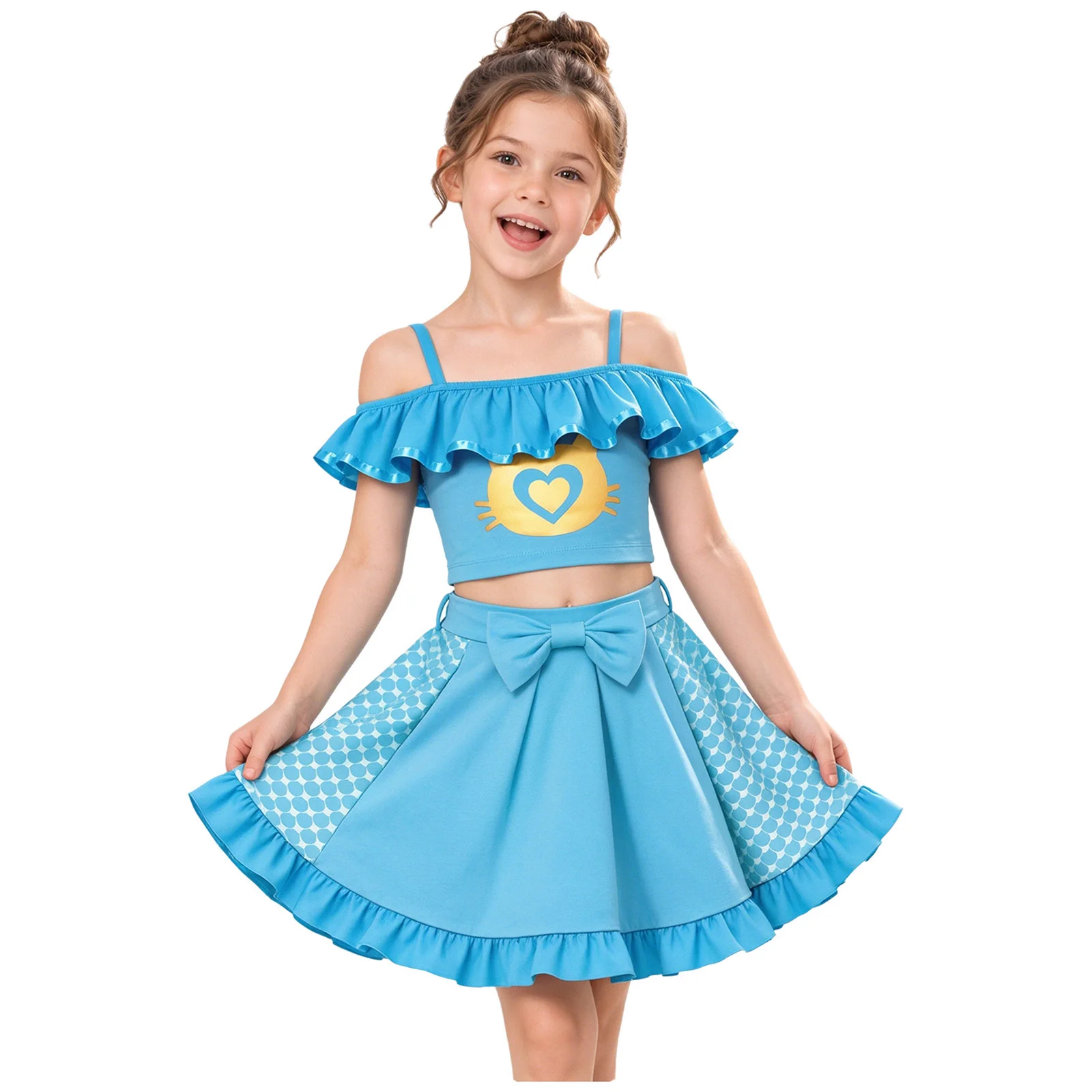 Children Girls Halloween Movie Character Cosplay Costume Cat Printed Color-blocked Ruffled Crop Top with Bowknot Pleated Skirt
