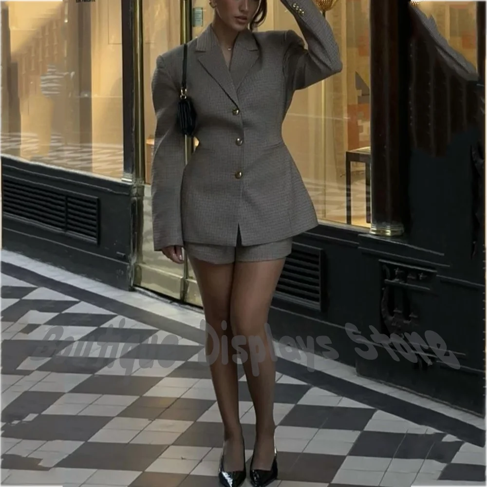 Slim Fit Vintage Women's Suit Short Pants Jacket Plaid Chic Single Breasted Notched Lapel Office Lady Business Formal Outfit