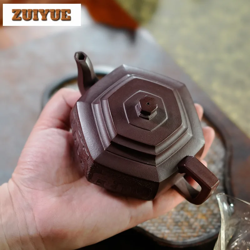 300ml Boutique Yixing Purple Clay Teapots Handmade Hexagonal Pot Raw Ore Purple Mud Tea Making Kettle Zisha Tea Set Cafes Gift