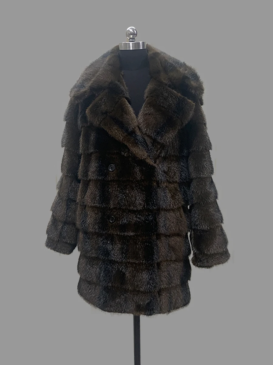 Nerazzurri Autumn Winter Brown Striped Thick Warm Faux Mink Fur Coat Women Elegant Luxury High Quality Chic Fluffy Jacket 2026