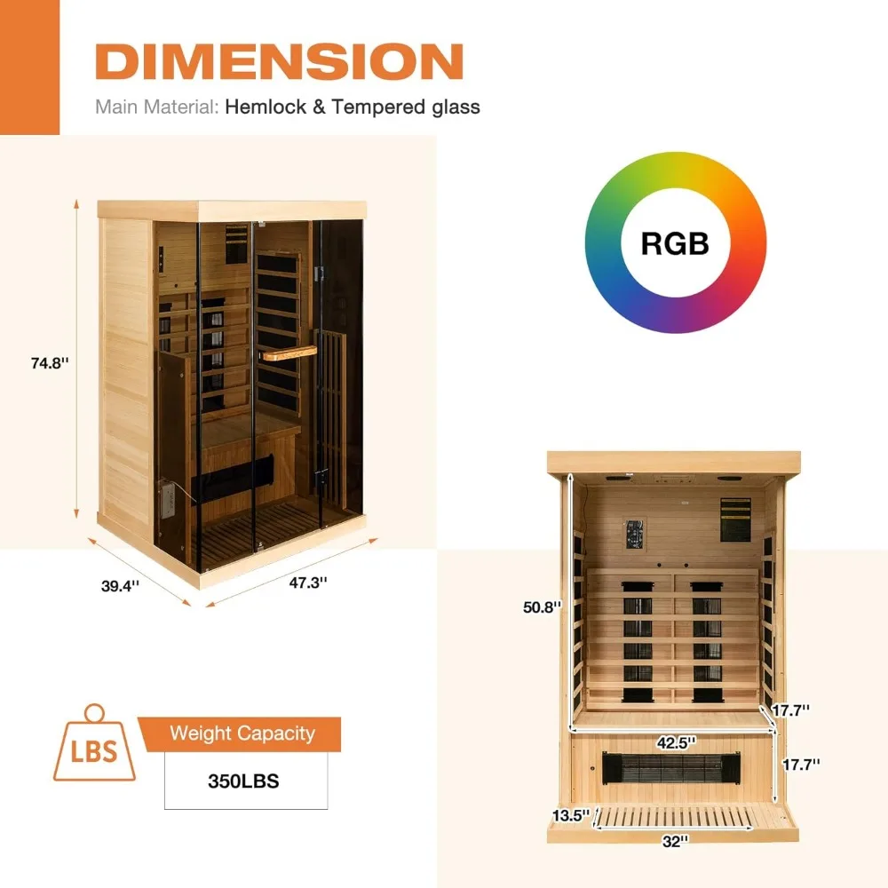 1-2 Person Home Sauna with 10 Minutes Warm-up Heater Tubes&Panels, Personal Sauna Spa Room, Canadian Hemlock