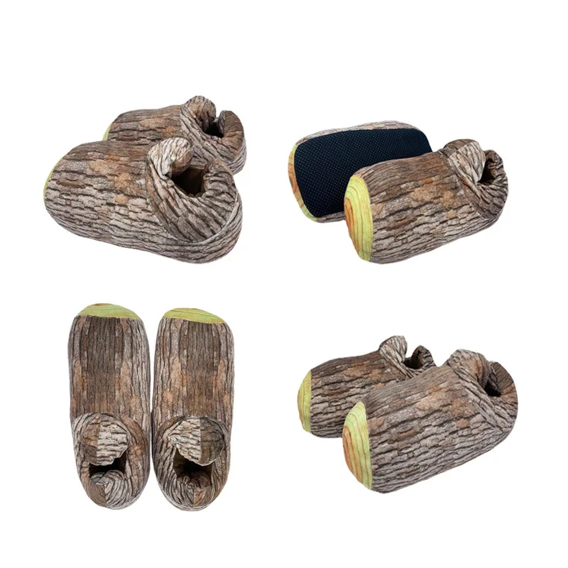 Winter Funny Slippers Women Warm Plush Home Slippers Creative Wooden Stakes Cotton Shoes Men Furry Flat Floor Shoes 2023 New