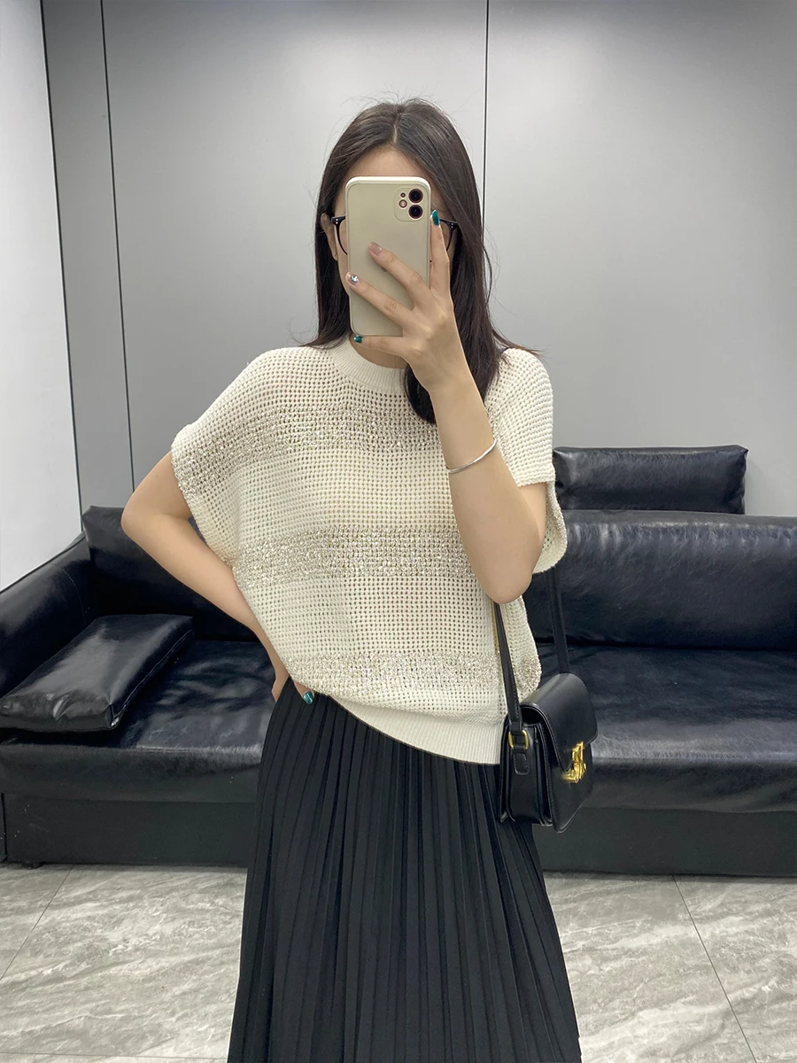 

Женский льняной хлопковый вязаный свитер с коротким рукавом, круглым вырезом, свободного кроя, без плечевых швов, с блестками, ажурный, в повседневном стиле