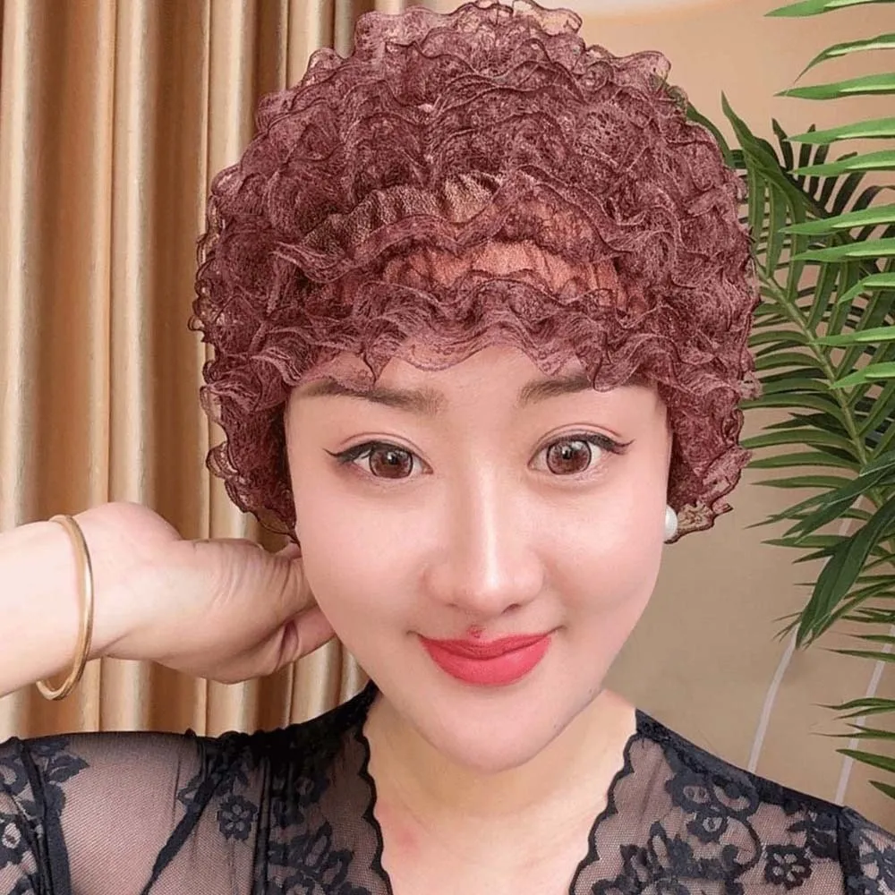 Versatile Soft Beauty Lace Curling Hat Breathable Polyester Elderly Beauty Cap Dome Solid Color Elastic Curly Hair Hat Headgear