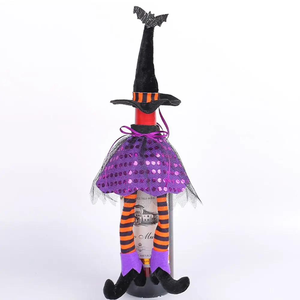 Portable Halloween Witch Hat Wine Bottle Cover Scary Exquisite Witch Long Leg Wine Bottle Cover Reusable Wine Pouch Gift