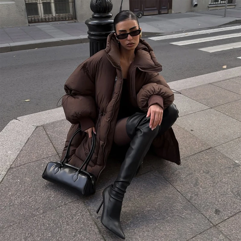 Dark Brown Puffer Stand Collar Drawstring Waist Zip Coats Edgy Long Sleeve Drawstring Cuff Outerwear Women Autumn Street Jackets