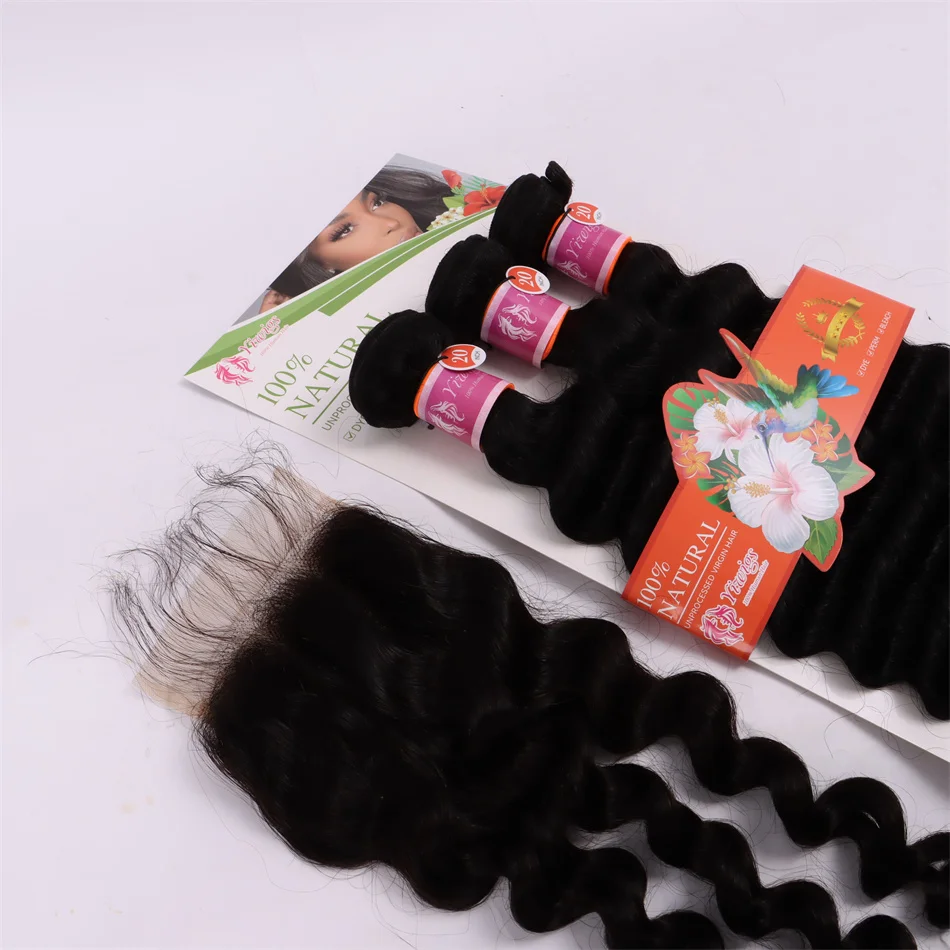 SWANEE-Bundles de cheveux humains Deep Wave non transformés pour femmes noires, mèches de cheveux avec fermetures, 10A, 20 po, 4 age, 16 po