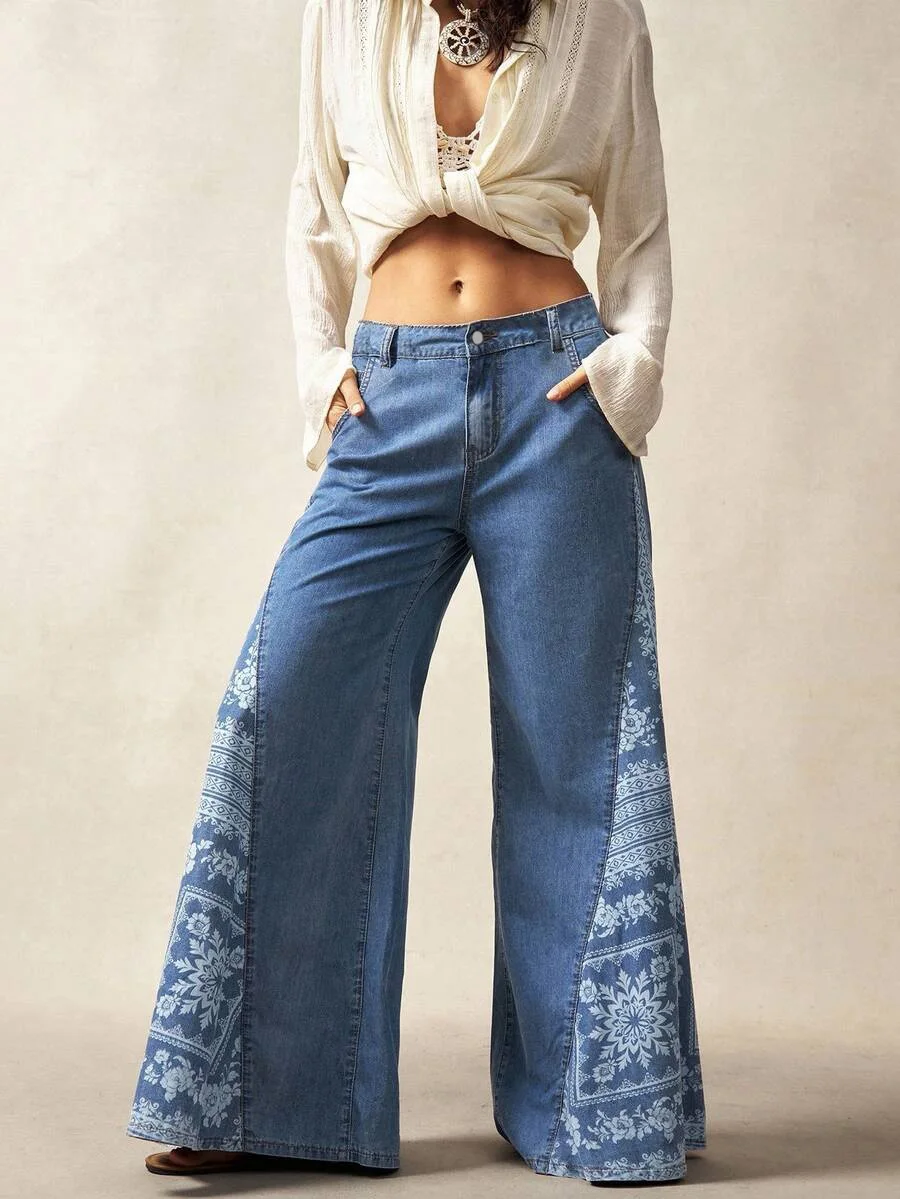 2026 Neue Damen-Jeans mit Blumenmuster und Patchwork, Übergröße, Locker Geschnitten mit Taschen, Lässige Vintage-Denim-Hose mit Weitem Bein – Detail 2