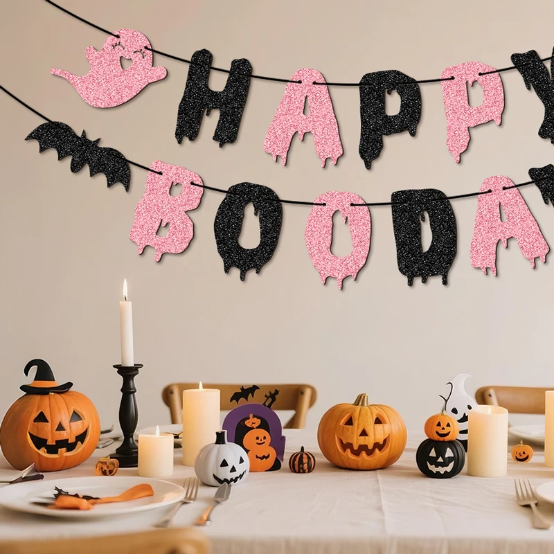 YOMDID Glitzer-Geburtstagsbanner „Happy Boo Day“ Partybanner mit Glückswünschen, Halloween-Geister und Fledermäusen, Geburtstagsdekorationen – Detail 11