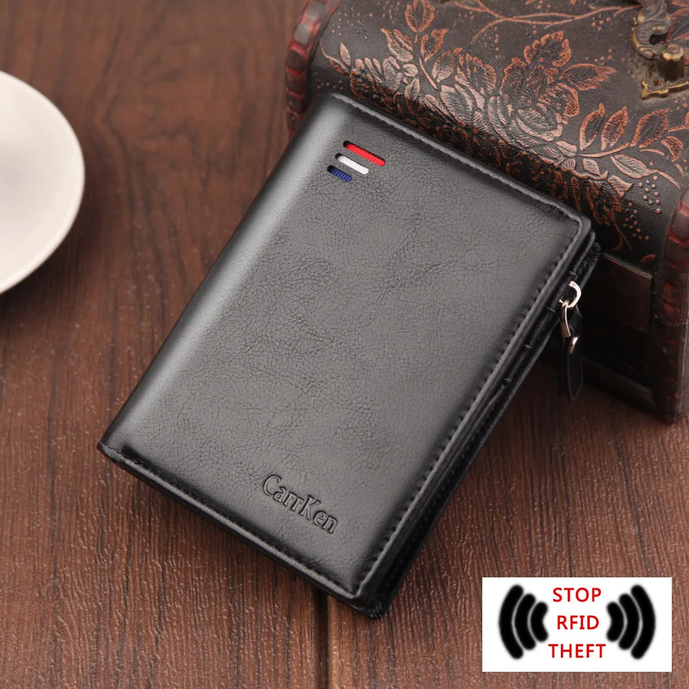 

Anti Demagnetization Men's Short Wallet, PU Leather Zipper Billfold, Retro Wax Oil Vertical Money Bag, RFID Anti-theft Brush