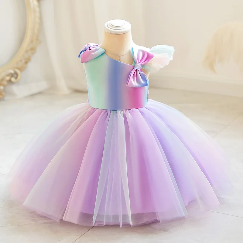 Meninas Multi-color Gradient Rainbow Dress para Aniversário Carnaval Performance Pageant Evening Party Princess Tutu para 3-14Y