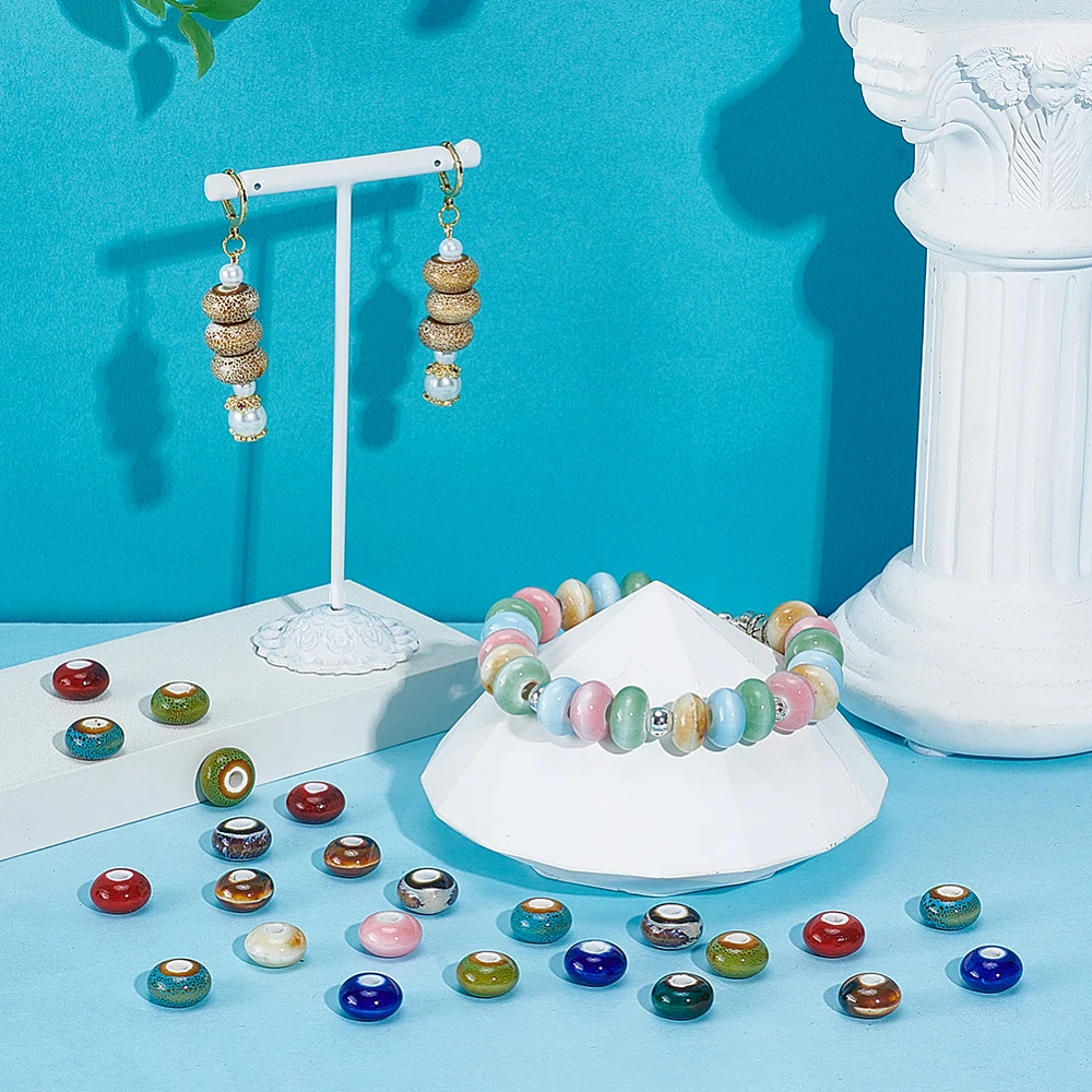 72Pcs Flat Round Ceramic European Beads Handmade Printed Porcelain Beads Bright Glazed Porcelain Spacer Chinese Ceramic Bead