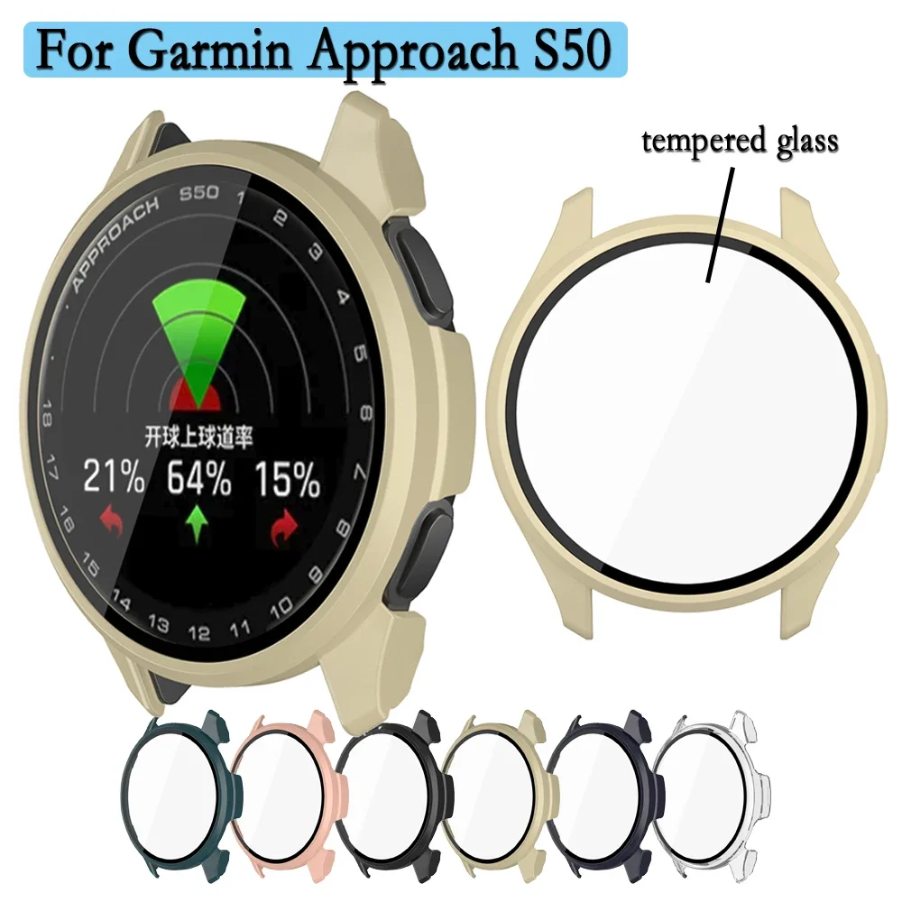 Watch Case For Garmin Approach S50  WithTempered 2-in-1 Glass Hard Cover With Screen Protector Film PC Watch Casing