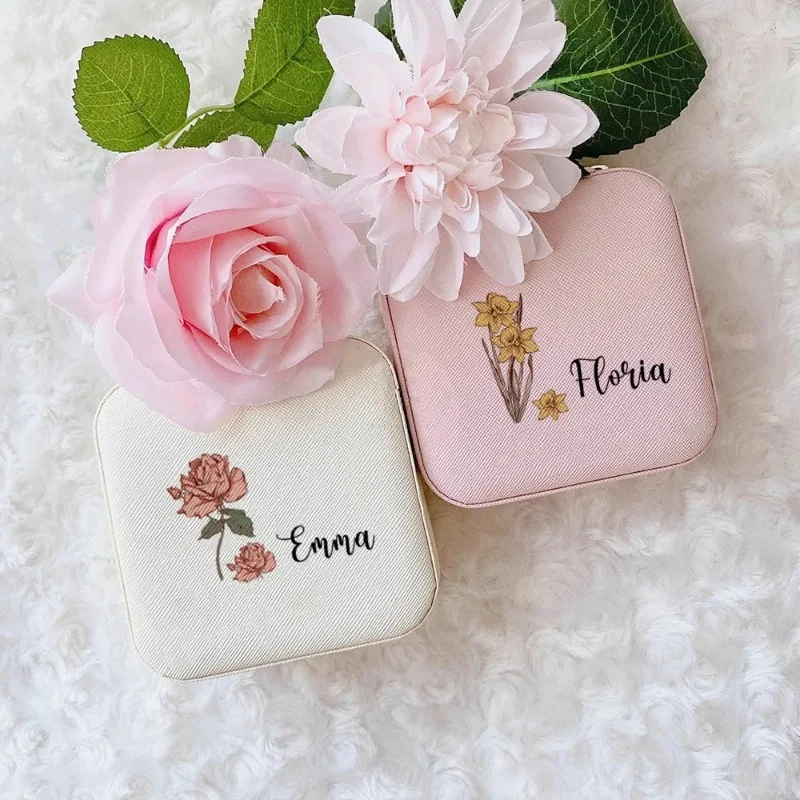 Personalised Birth Month Flowers Jewellery Box Travel Jewelry Case Customized Birth Flower Jewelry Box Birthday Gift for Her