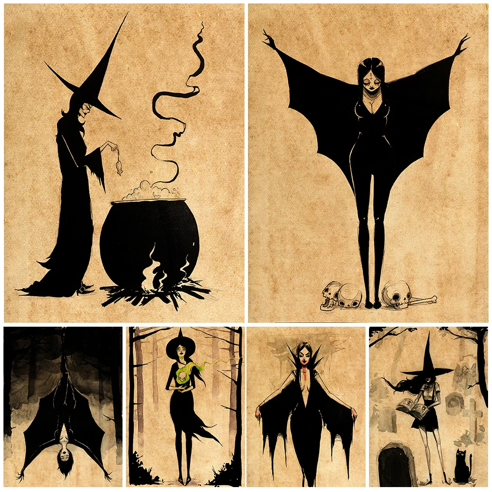 Bat Girl And Pointed Hat Witch Vintage Wall Art Canvas Painting The Little Witch And The Black Cat In The Cemetery Poster Print