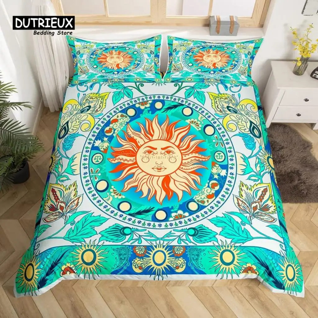 Exotic Floral Duvet Cover Set King Queen Bohemian Sun Bedding Set Microfiber Astrology Vintage Flower And Leaves Comforter Cover