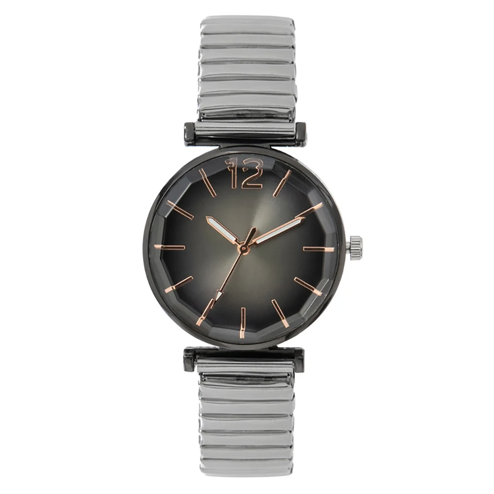 Women Fashion Gradient Colour Round Studded Quartz Watch Casual Stainless Steel Elastic Buckleless Strap Ladies Watches Clock