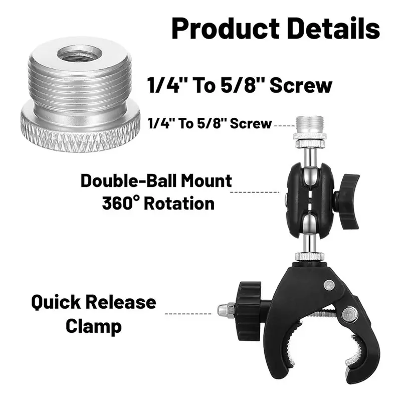 Mic Crab Clamp Dual Ball-Head Joints Clamp Microphone Mount For Mic-Stand Desktop Shelf Drum