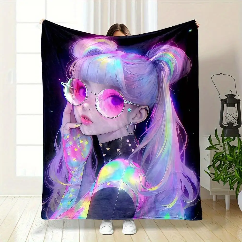 Anime cyberpunk hairstyle pattern Flannel printed blanket suitable for all seasons suitable for living room office sofa travel